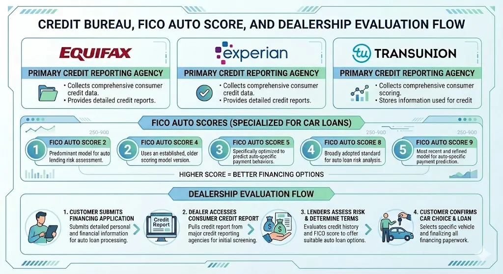 Infographic explaining which credit scores dealerships use for auto loans including FICO auto scores from TransUnion Experian and Equifax with evaluation process visuals