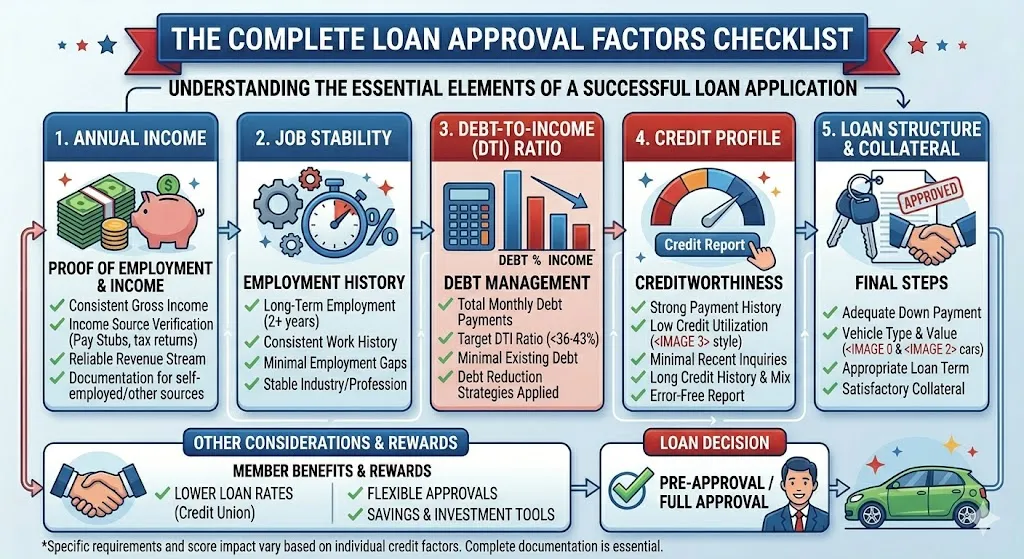 Infographic showing key factors lenders evaluate including income employment history debt to income ratio and credit profile when approving car loans
