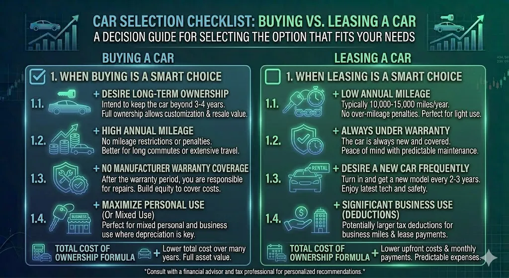 Infographic checklist showing when buying a car is better versus leasing based on factors like mileage ownership duration maintenance tolerance and financial goals