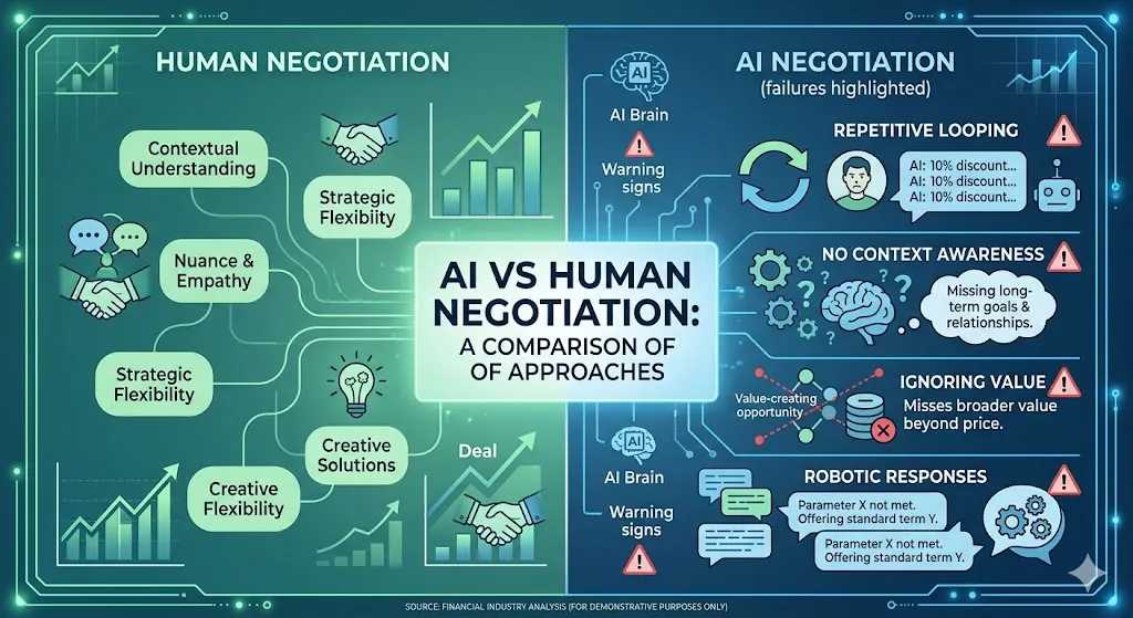 Infographic showing limitations of AI car negotiation tools including lack of context understanding, repetitive responses, ignoring pricing value, and failure to adapt in real negotiations