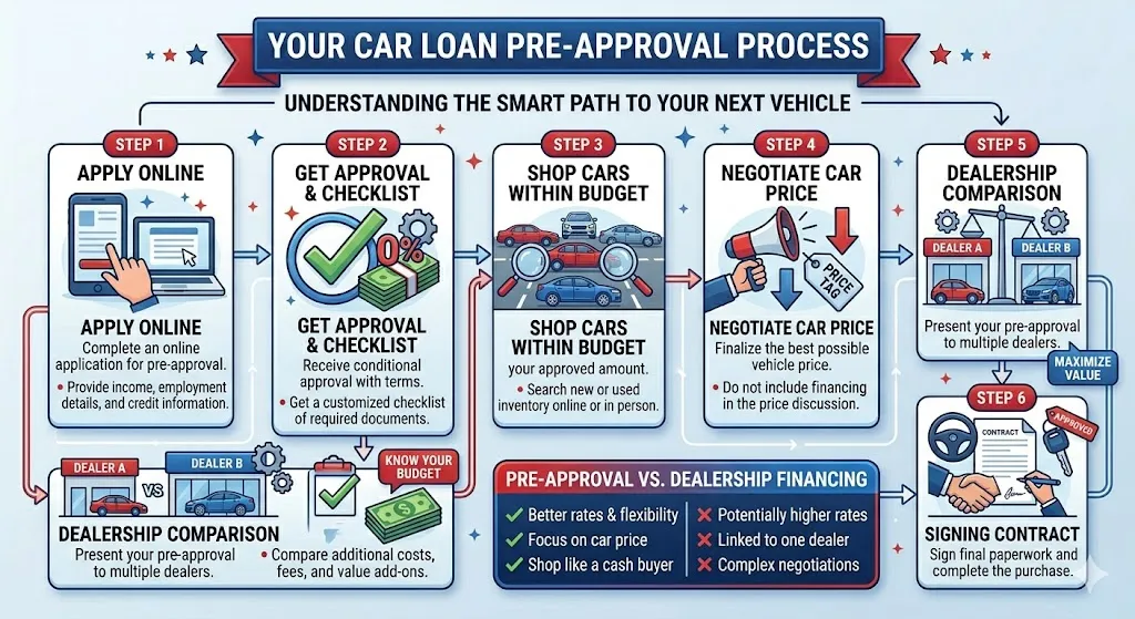 Infographic showing the benefits of getting pre-approved for an auto loan before visiting a dealership including better negotiation and lower interest rates