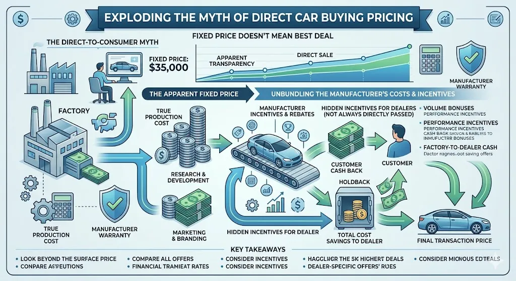 Infographic showing why direct to consumer car buying does not reduce prices due to loss of dealer incentives rebates and negotiation opportunities