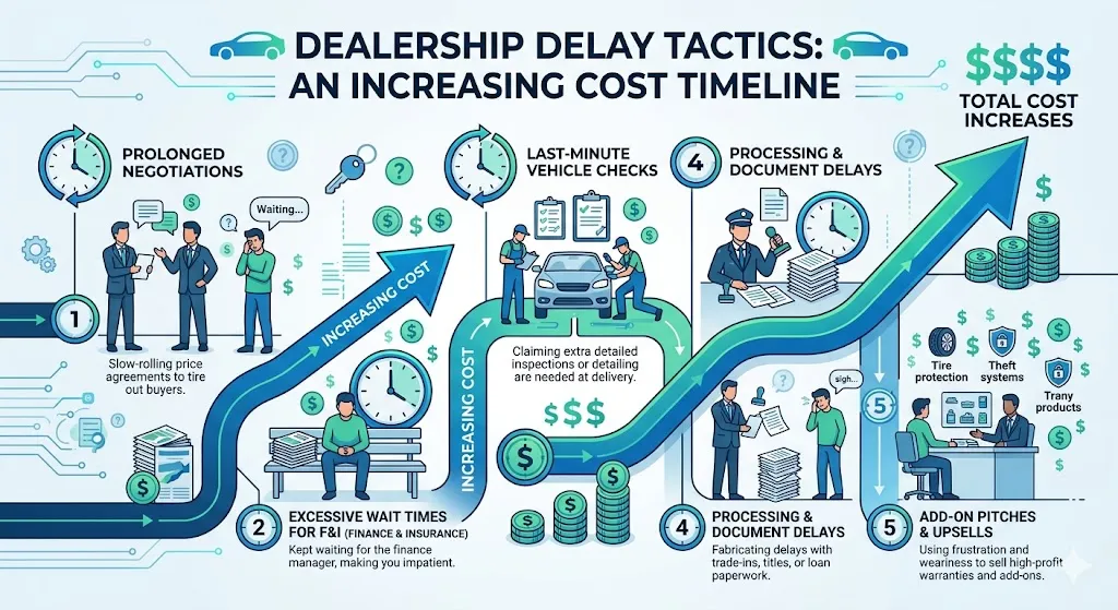 Infographic showing how dealerships use long waiting times to pressure buyers into accepting higher costs and additional products during car purchase