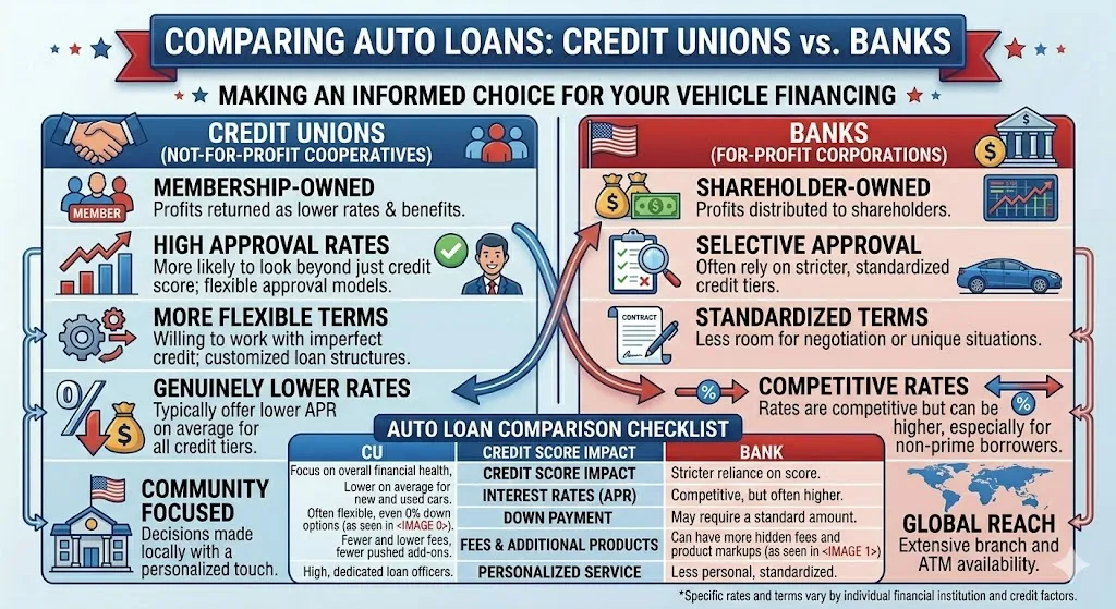 Infographic comparing credit unions and banks showing easier approvals lower interest rates and better flexibility for auto loans