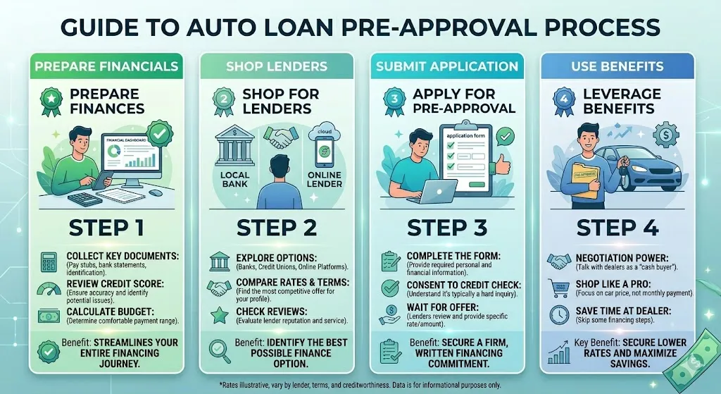 Infographic explaining the benefits of getting pre-approved for a car loan including better rates stronger negotiation power and avoiding dealership markups
