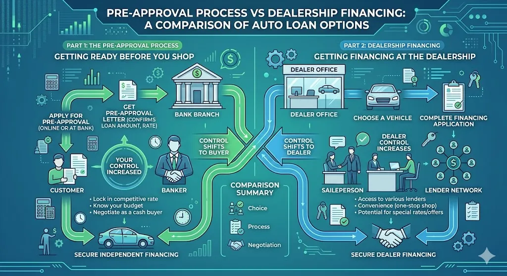 Infographic showing benefits of getting pre approved for a car loan including better negotiation power lower interest rates and more control over financing decisions
