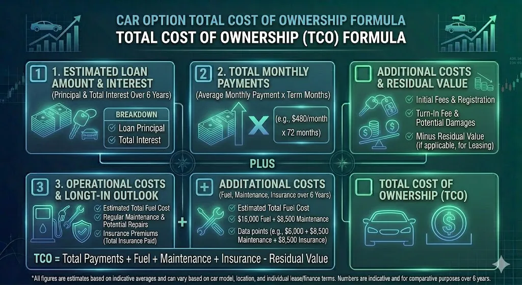 Infographic explaining why focusing only on monthly car payments is misleading and showing how total cost of ownership includes fuel insurance maintenance and other hidden expenses