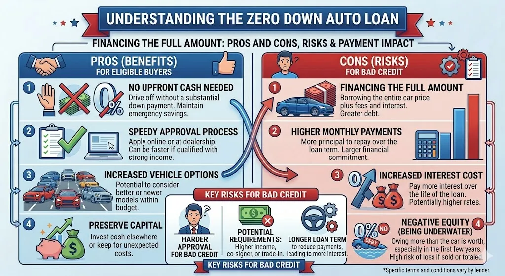 Infographic explaining how zero down auto loans work including benefits risks and how they impact monthly payments and total loan cost